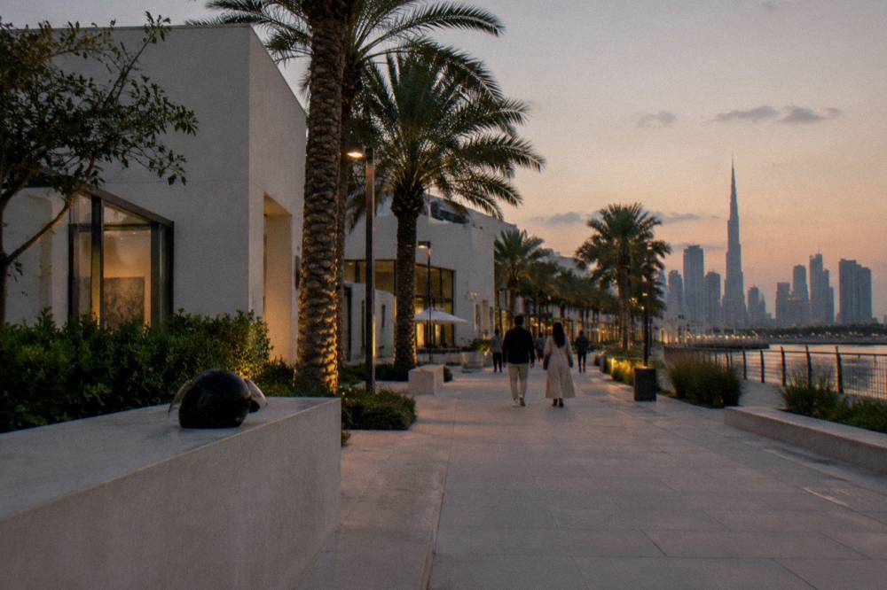 A free public walkway in Dubai with modern buildings around it