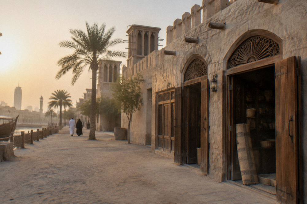 A heritage-style street in Old Dubai with shops along it