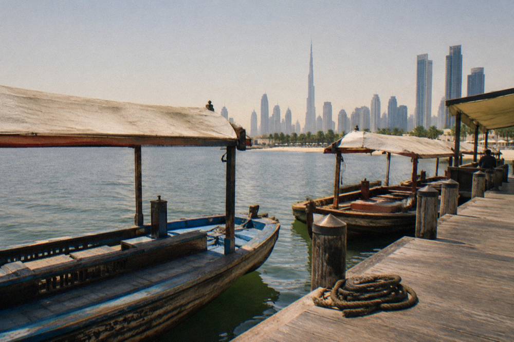 Traditional wooden abra boats moored along Dubai Creek