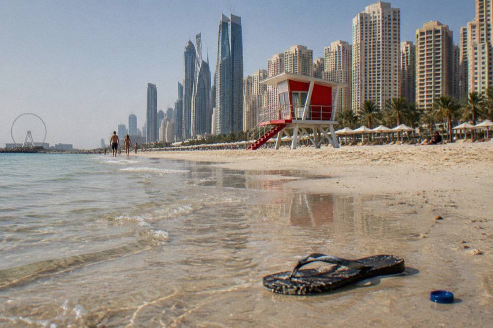 Wide sandy public beach with shallow water and a lifeguard tower