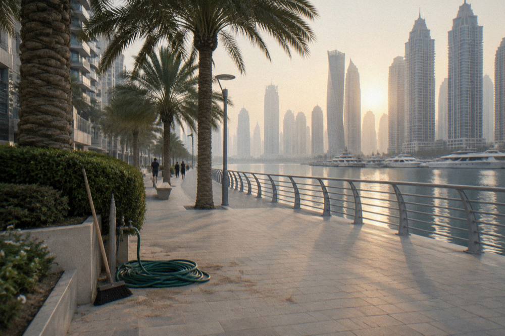 Long beach promenade beside calm water with palm trees along the edge